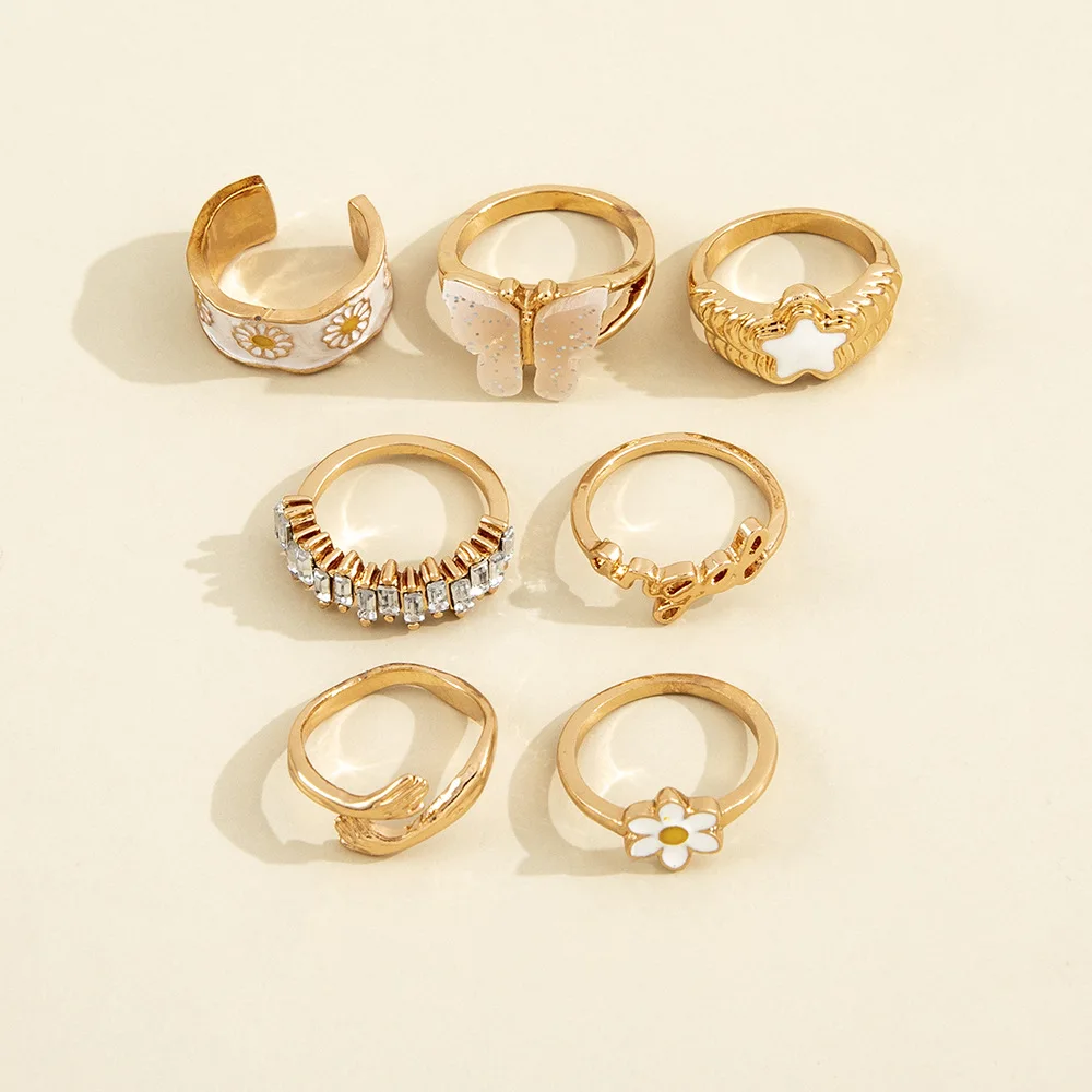 7PCS/Set Bohemian Heart inlaid Crystal white Flower Butterfly Rings Set For Women wholesale Jewelry Finger Rings Set