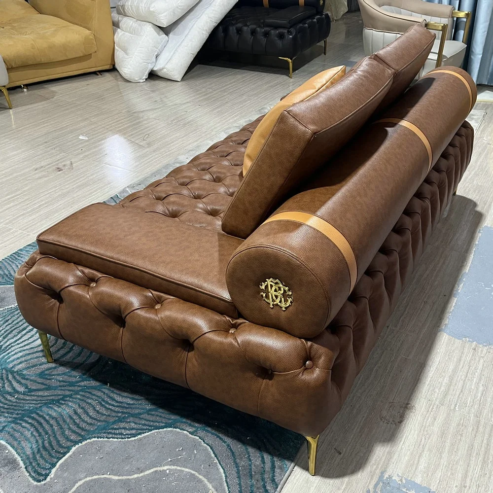 Hotel Lobby Tufted Design Living Room Furniture Buttons Chesterfield 2 Seater Leather Sofa With Golden Metal Legs