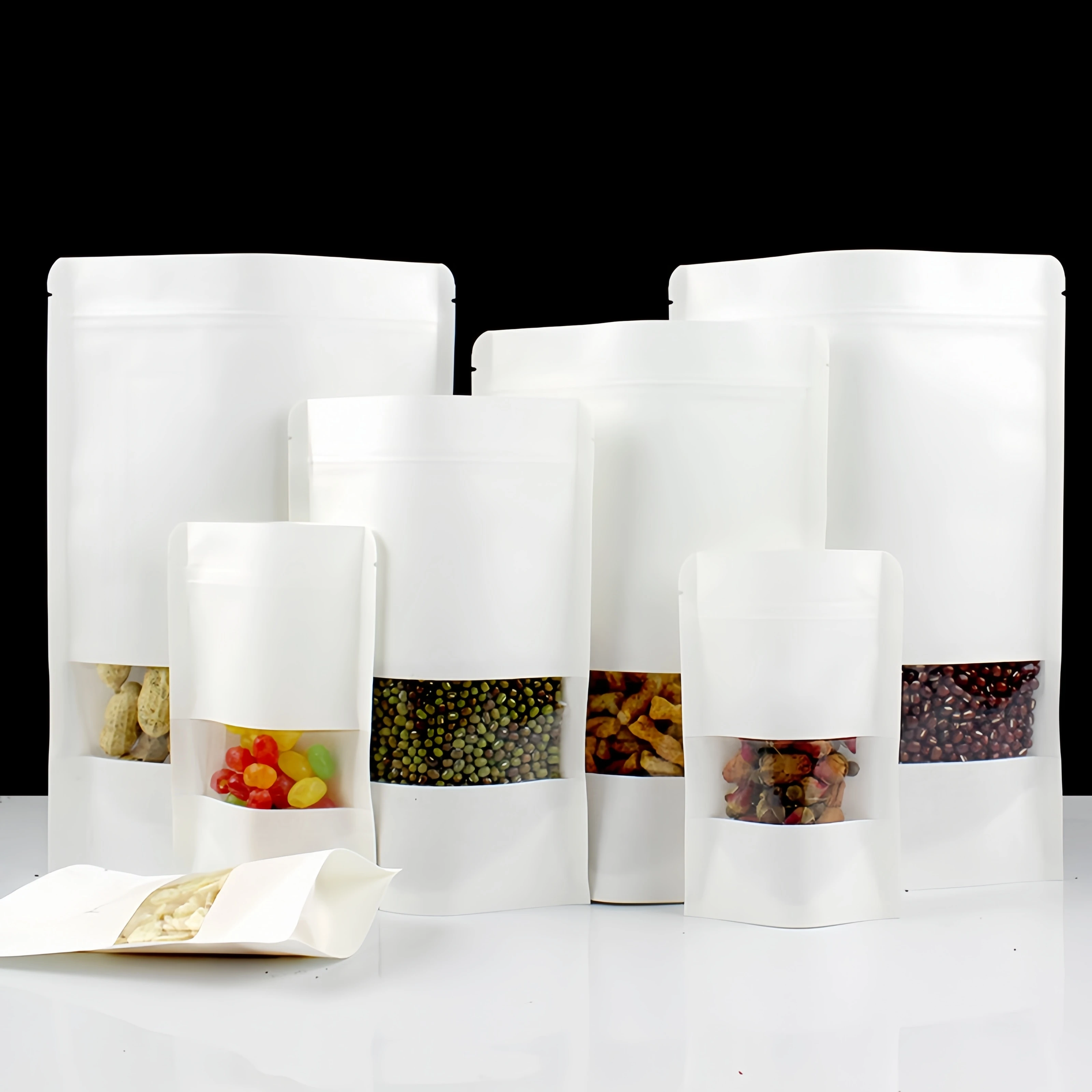 In stock Stand Up White Kraft Paper Resealable Ziplock Plain Heat Sealable Food Packaging Doypack Pouches Bags With Window