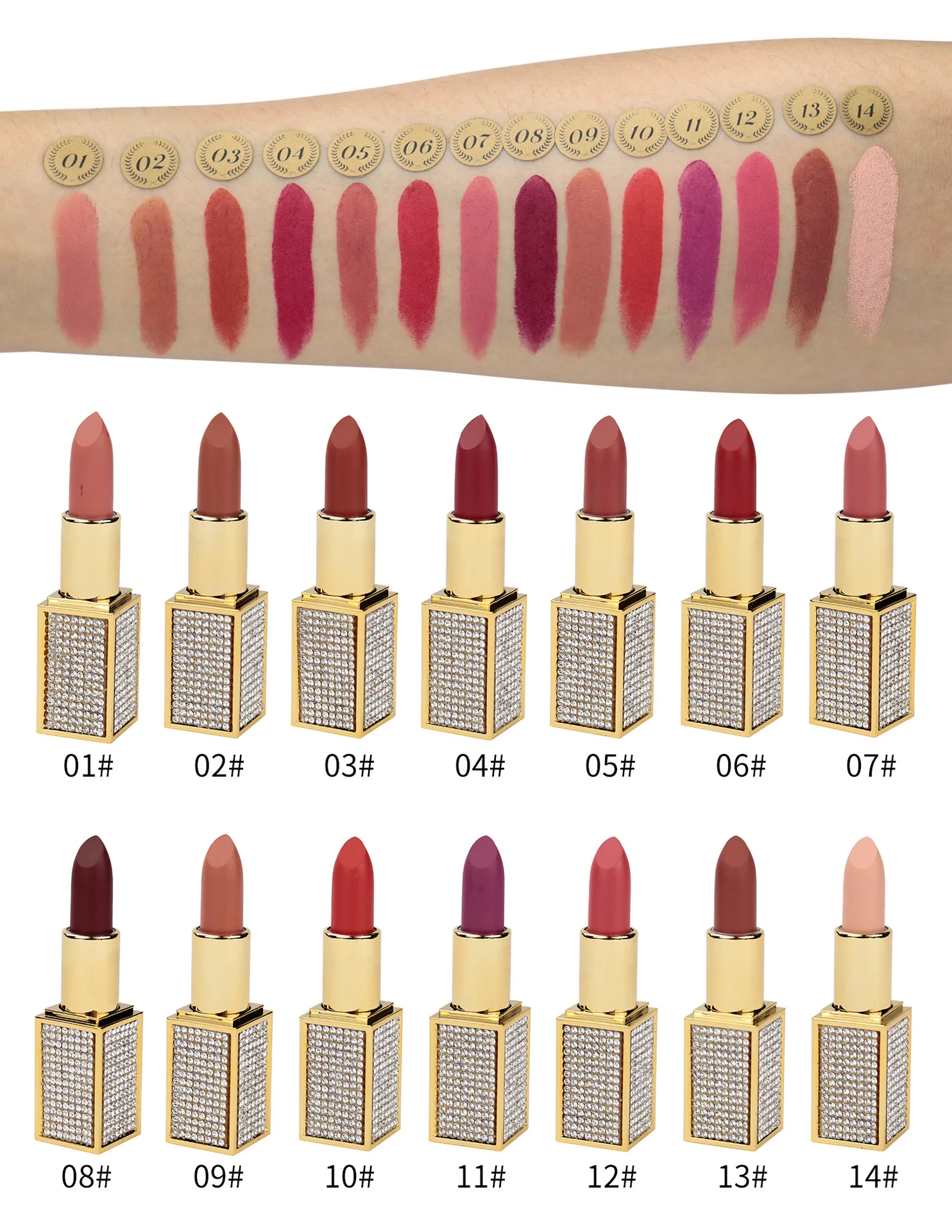 Wholesale Custom Glitter Diamond Lipstick Tubes Nude High Pigment Velvet Lipstick Private Label