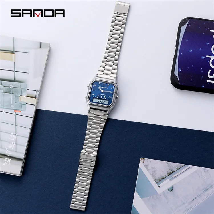 Sanda 747  Business Men Watches Waterproof Casual Watch Stainless Steel Digital Wristwatch Clock Relogio Masculino