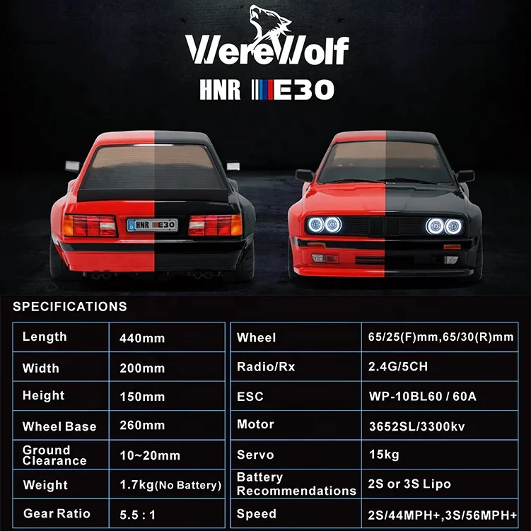 HNR Werewolf H9803 Drift RC Car 1:10 with Brushless Motor 4WD High Speed 85KM+ 60A ESC 2S 3S Battery LED Lights Gyro Electric