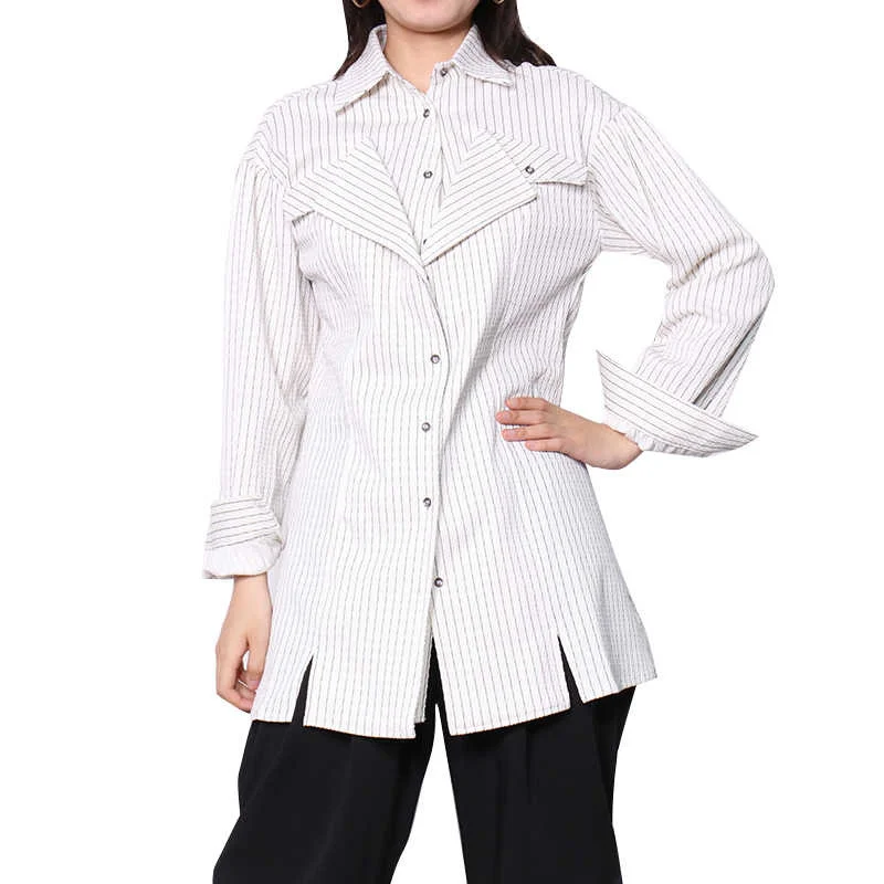 TWOTWINSTYLE Lapel Long Sleeve Patchwork Striped Single Breasted Ladies Women Tops Elegant Blouses