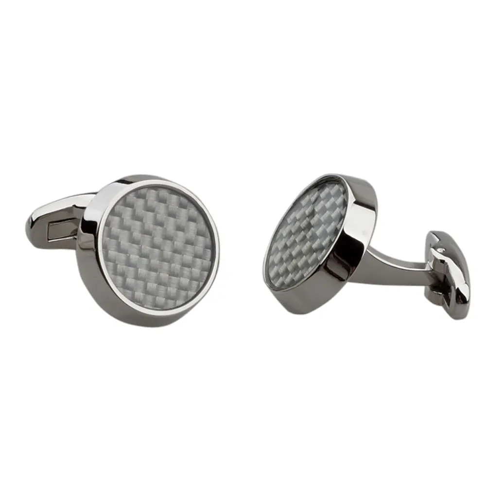 Business Round Cuff Links Silver Carbon Fiber Metal Watch Cufflinks for Him