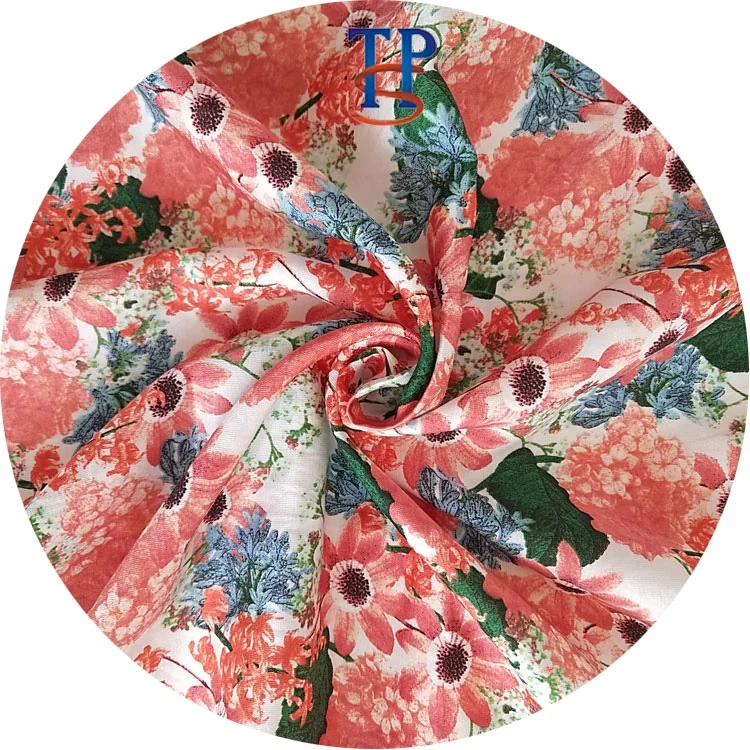 
Customizable 16mm red daisy printed silk cotton stain interwoven fabric 