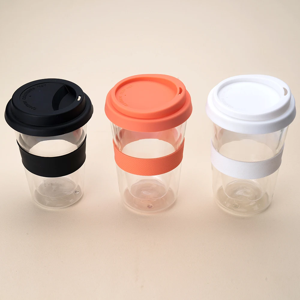 Custom Reusable Coffee Cup Glass 12oz Smooth Silicone Lid glass coffee cup With Heat Resistant Sleeve