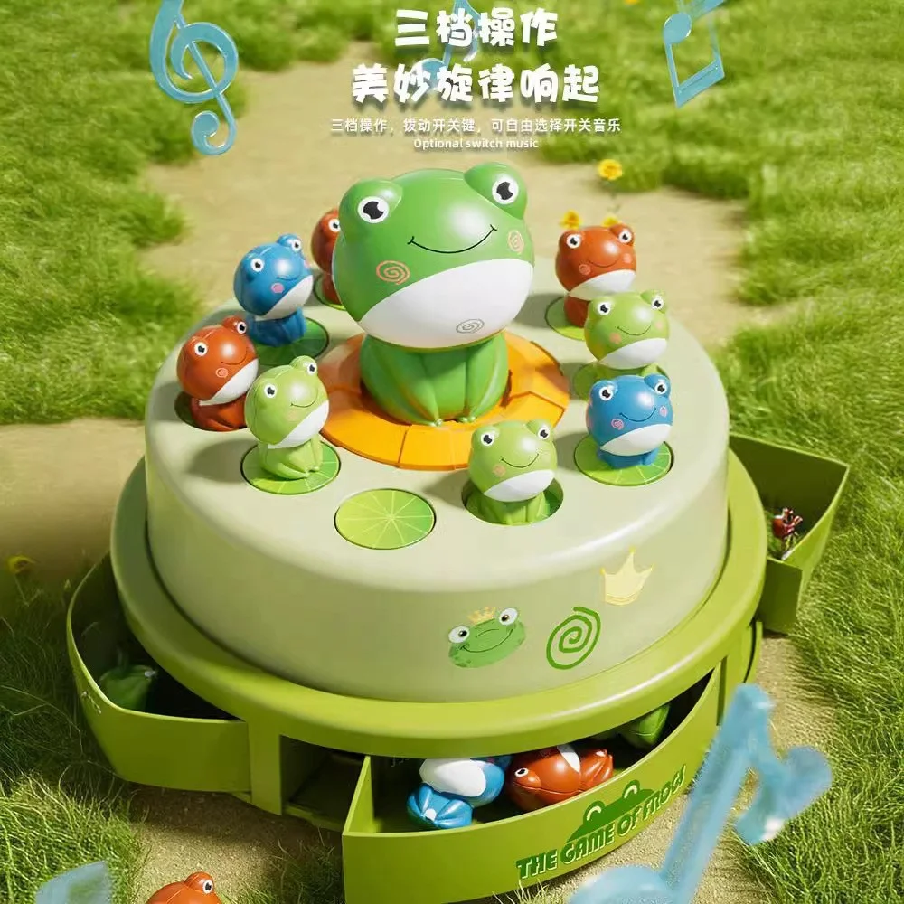 Kids bouncing frog net catching toy electric ejection little frog turntable focus training interactive education toy with music