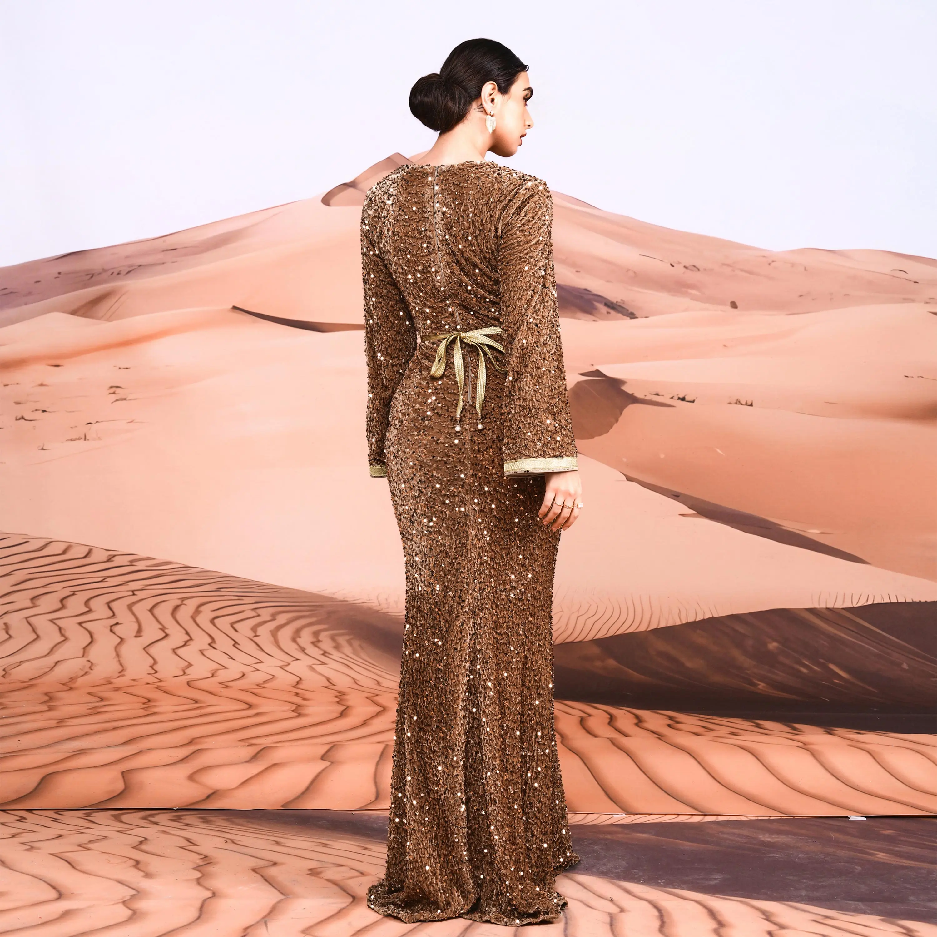 Long Sleeve Split Maxi Sequin Hijab Arabic Istanbul Moroccan Turkish Dubai Muslim Modest Evening Dresses for Women