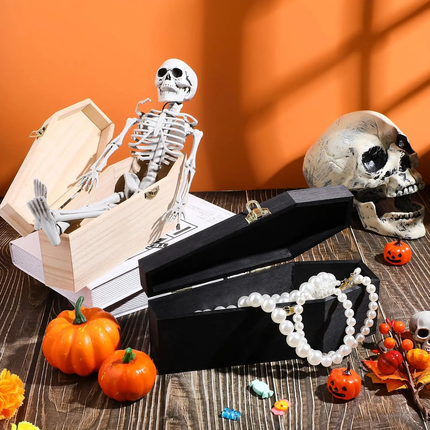 Pack of 4 Unfinished Halloween Wooden Coffin Shape Box with Hinged Lid for Snack Gifts Decorative Jewelry Basket Coffin