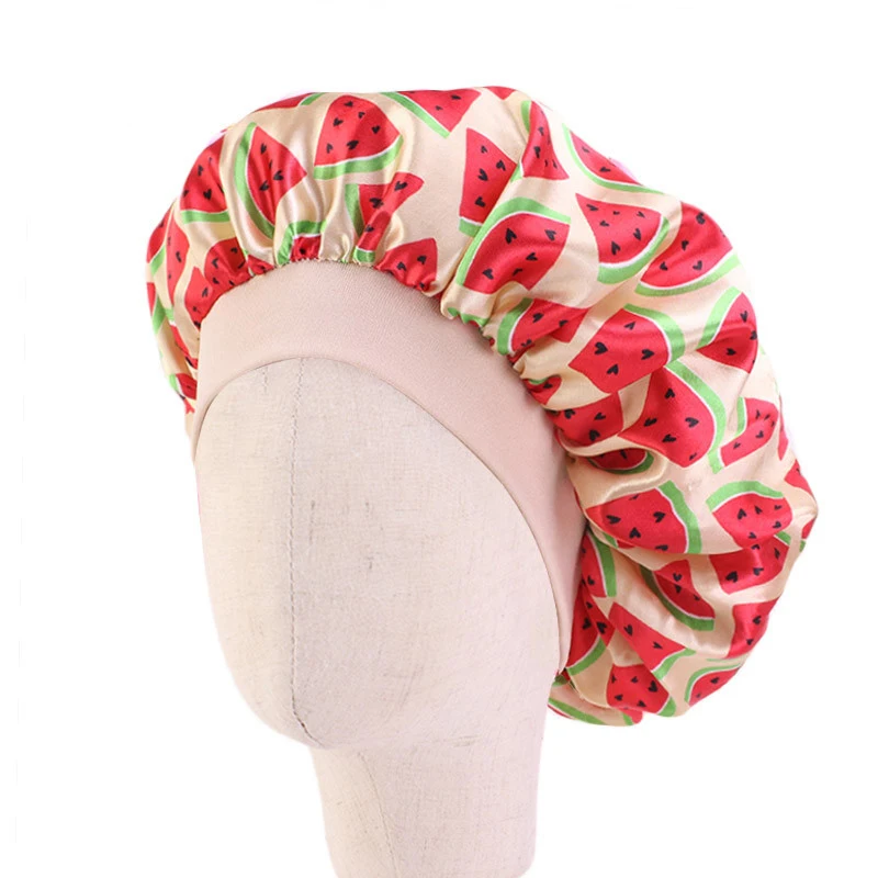 Hot Sale Custom Logo Cute Fruit Pattern Elastic Band Night Hat Baby Hair Care Satin Bonnets