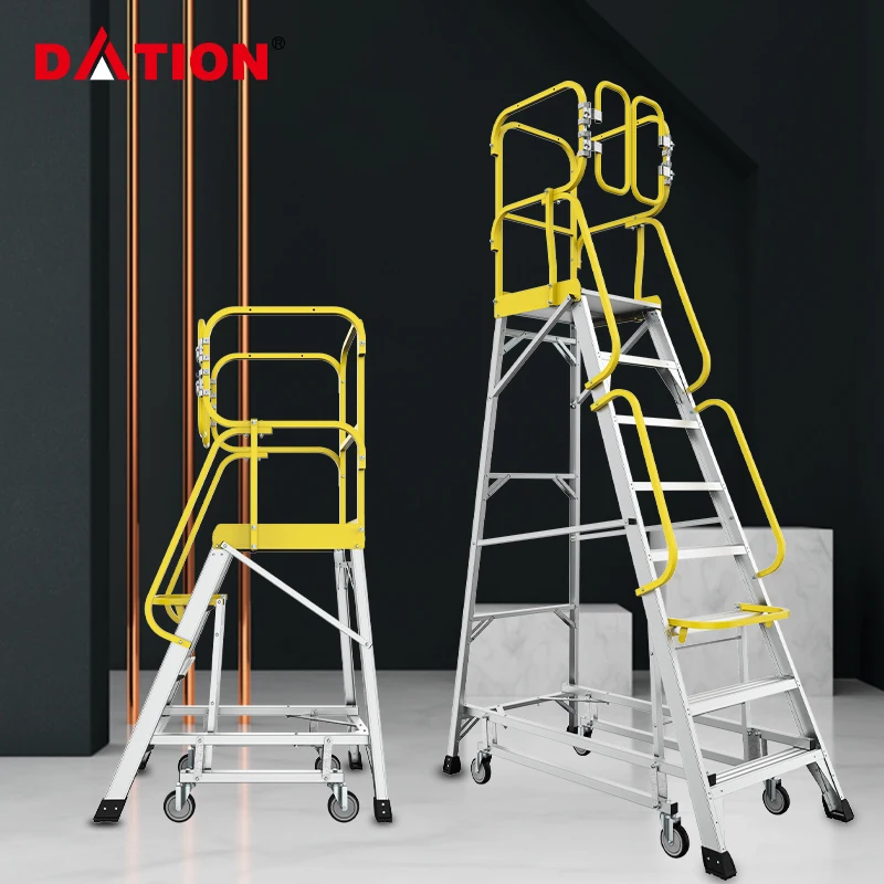 Aluminium Alloy Ladders And Scaffolding Warehouse Safety Rolling Mobile Work Platform Ladder With Handrails