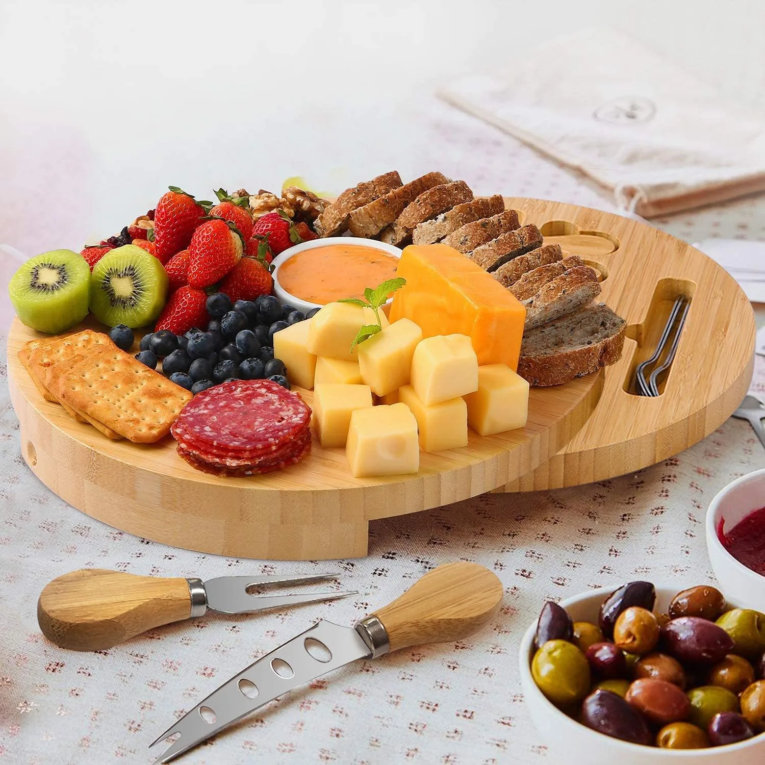 New Arrival 6pcs Knife Set Thick  Natural Round Bamboo Cheese Board with Ceramic Bowls