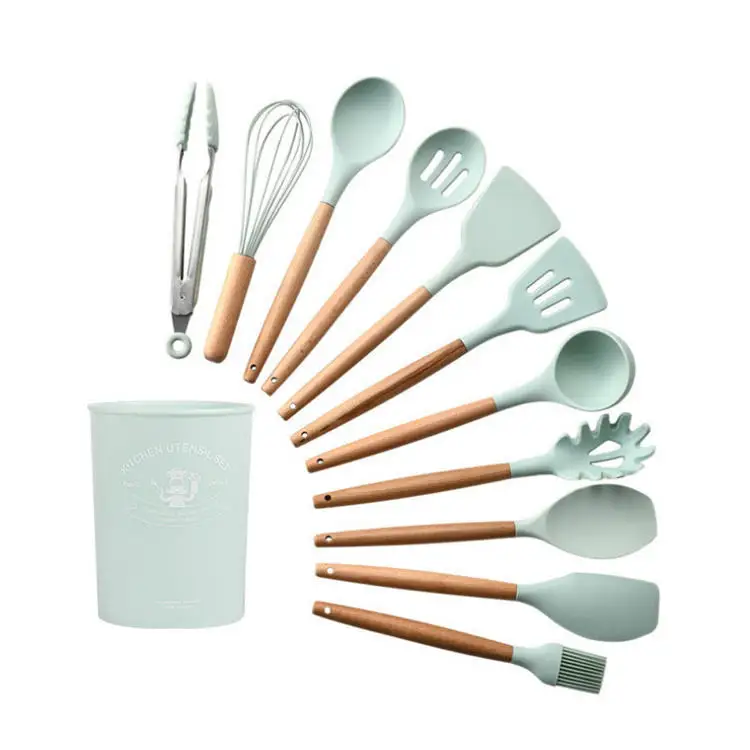 Kingwise Cocina Kitchenware Wholesale 12 Pieces Set Wood Handle Cooking Tools Silicone Kitchen Eco Friendly Serving Utensils Set