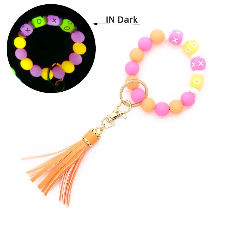 2022 Newest Colorful Letters Silicone Beads Bracelet Luminous Keychain Women Halloween Pendant Car Bangle Fluorescent Key Ring