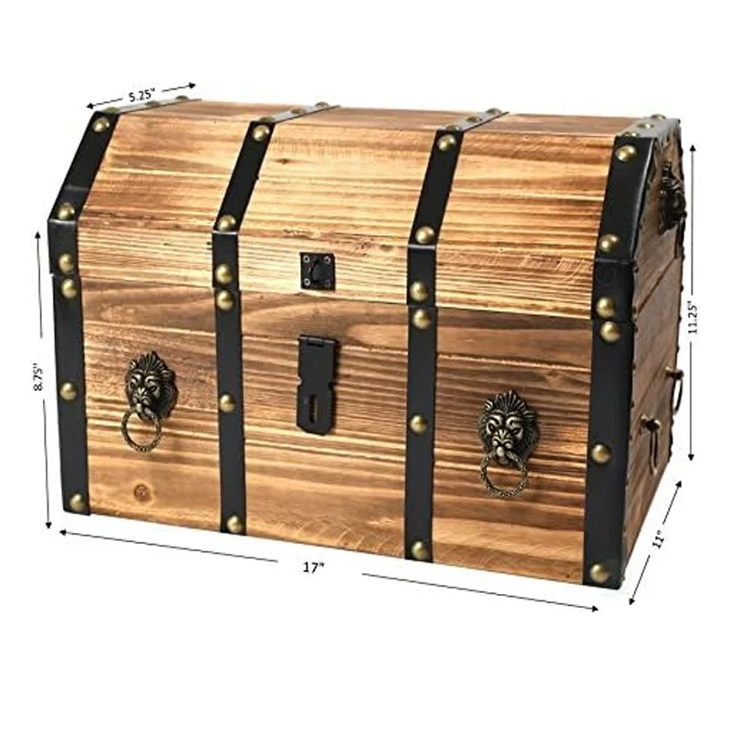 Decorative Wooden Treasure Chest Keepsake Box Large Wooden Pirate Lockable Trunk with Lion Rings