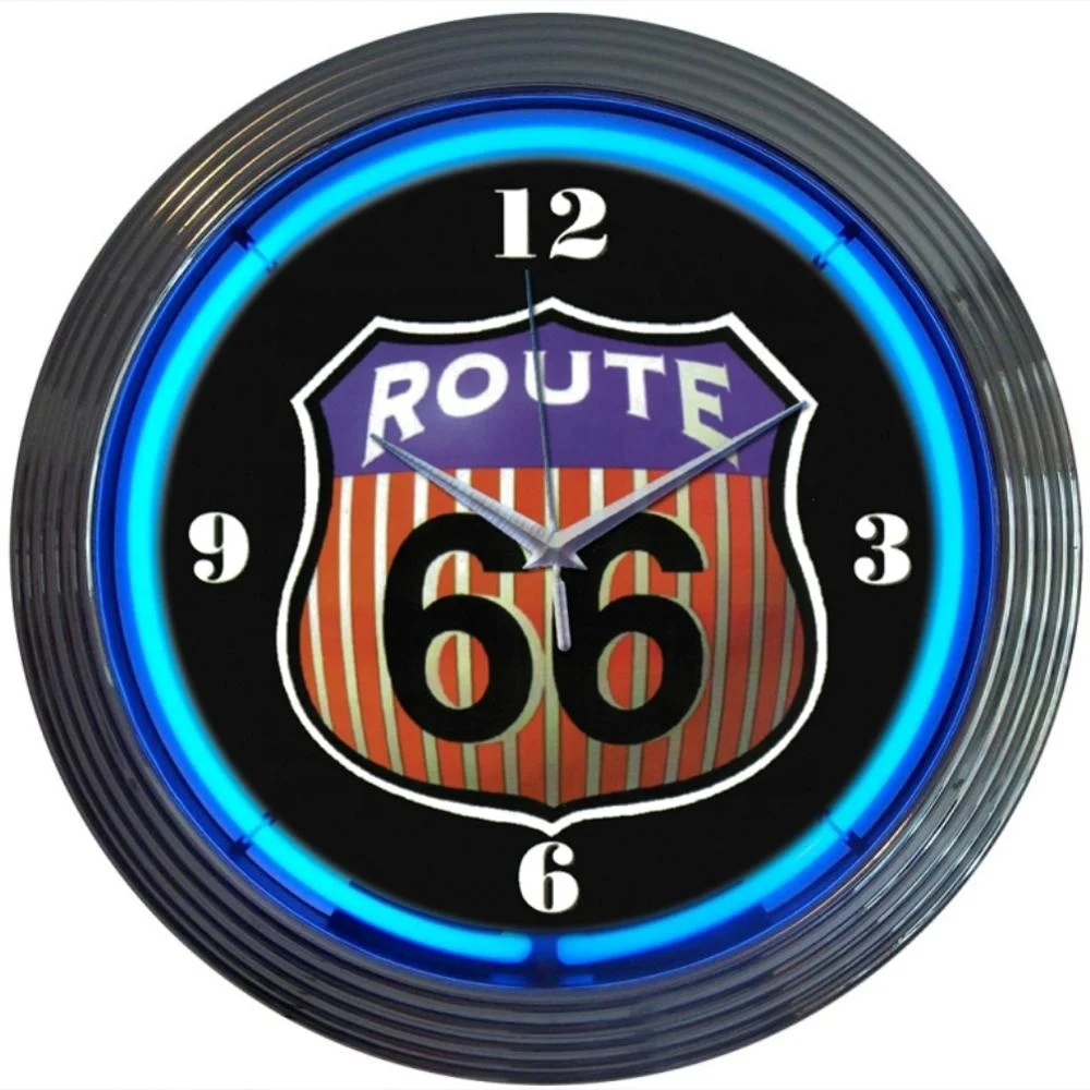 Chinese suppliers made logo custom glass wall clock tube round neon light neon single ring route 66 neon wall clock