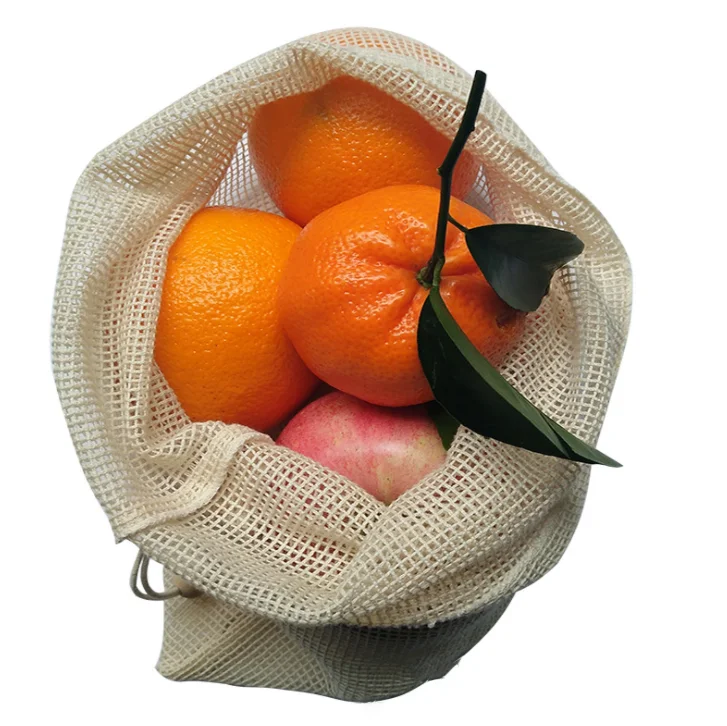 In stock recycled eco friendly cotton mesh bag,mesh drawstring bag,mesh bags for fruits and vegetables