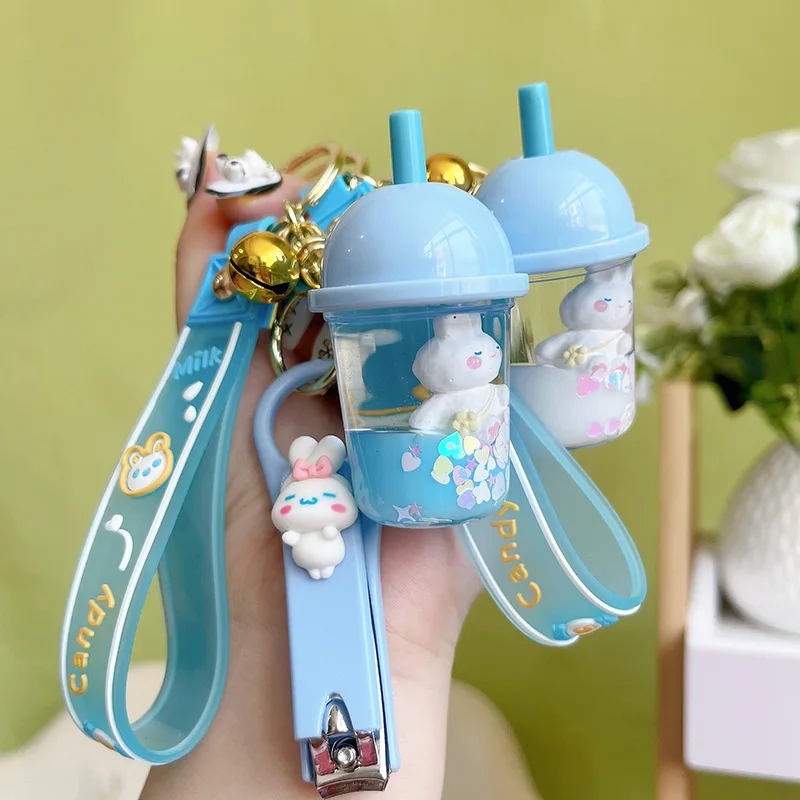 Lilangda Creative Acrylic Liquid Kawaii Keychains Little Rabbit Milk Tea Cup Delicate Nail Clips Accessories Fashion Bag Pendant