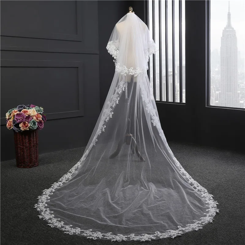 Morili top quality 2 layers  white Ivory 150cm * 380cm cathedral bridal veil for wedding with lace edge without comb  MLVB29