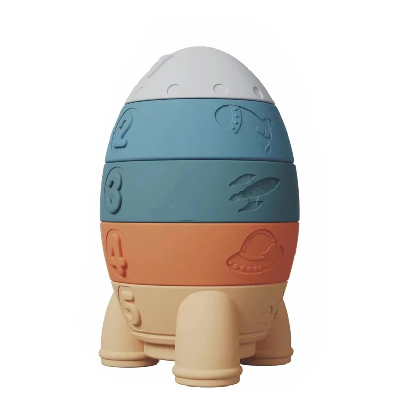 Soft Plastic Ring Tower Game Building Rubber Rocket Stack Interactive Funny Teether Silicone Block Soft Stacking Toy For Baby