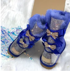 Оптовая продажа; Модная женская обувь; Женские зимние ботинки из овечьей шерсти; Меховые ботинки с бантиками и стразами; Женские ботинки