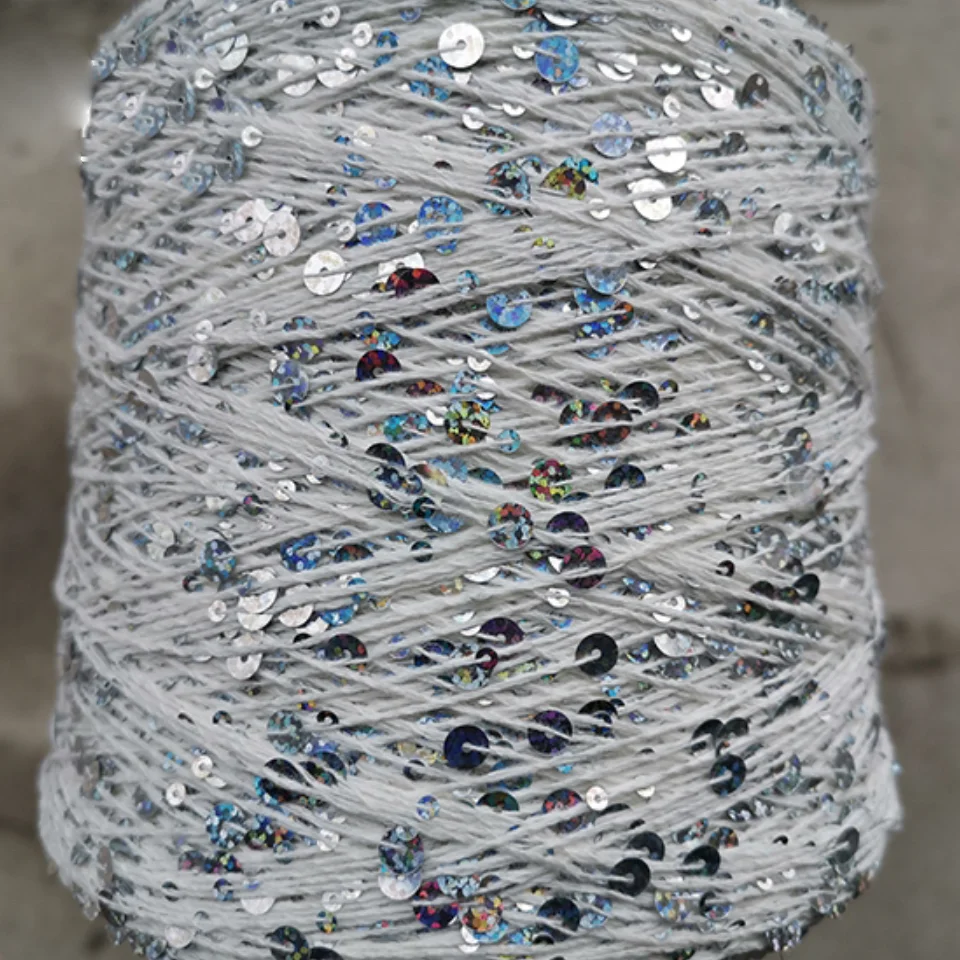 White 3mm + 6mm Sequin Pure Cotton Fashionable Fancy Sequin Yarn