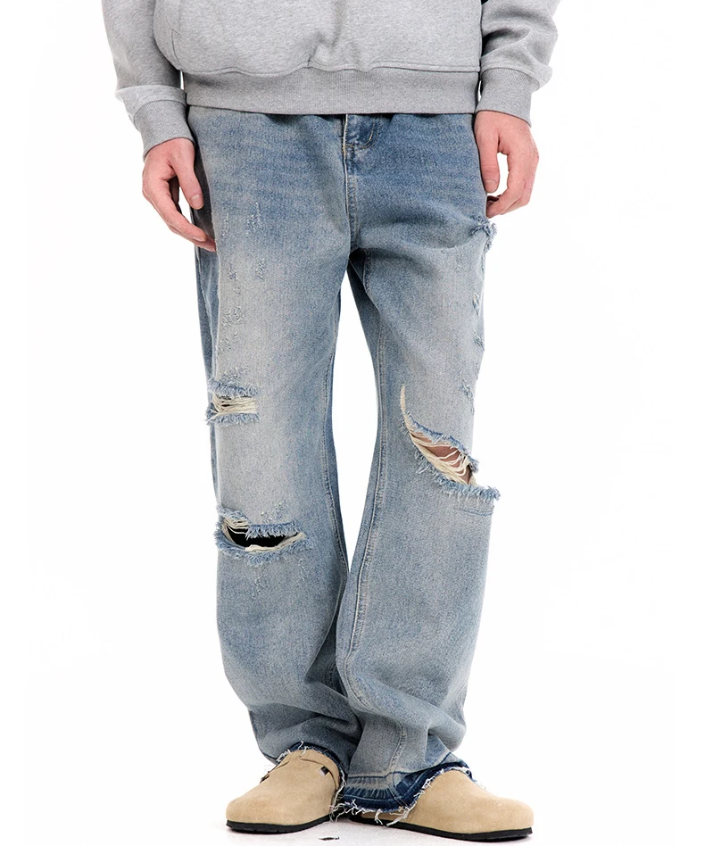 Base Wash Foot Breakage Worn Out To Make Old Casual Straight Tube Ripped Loose Jeans For Men