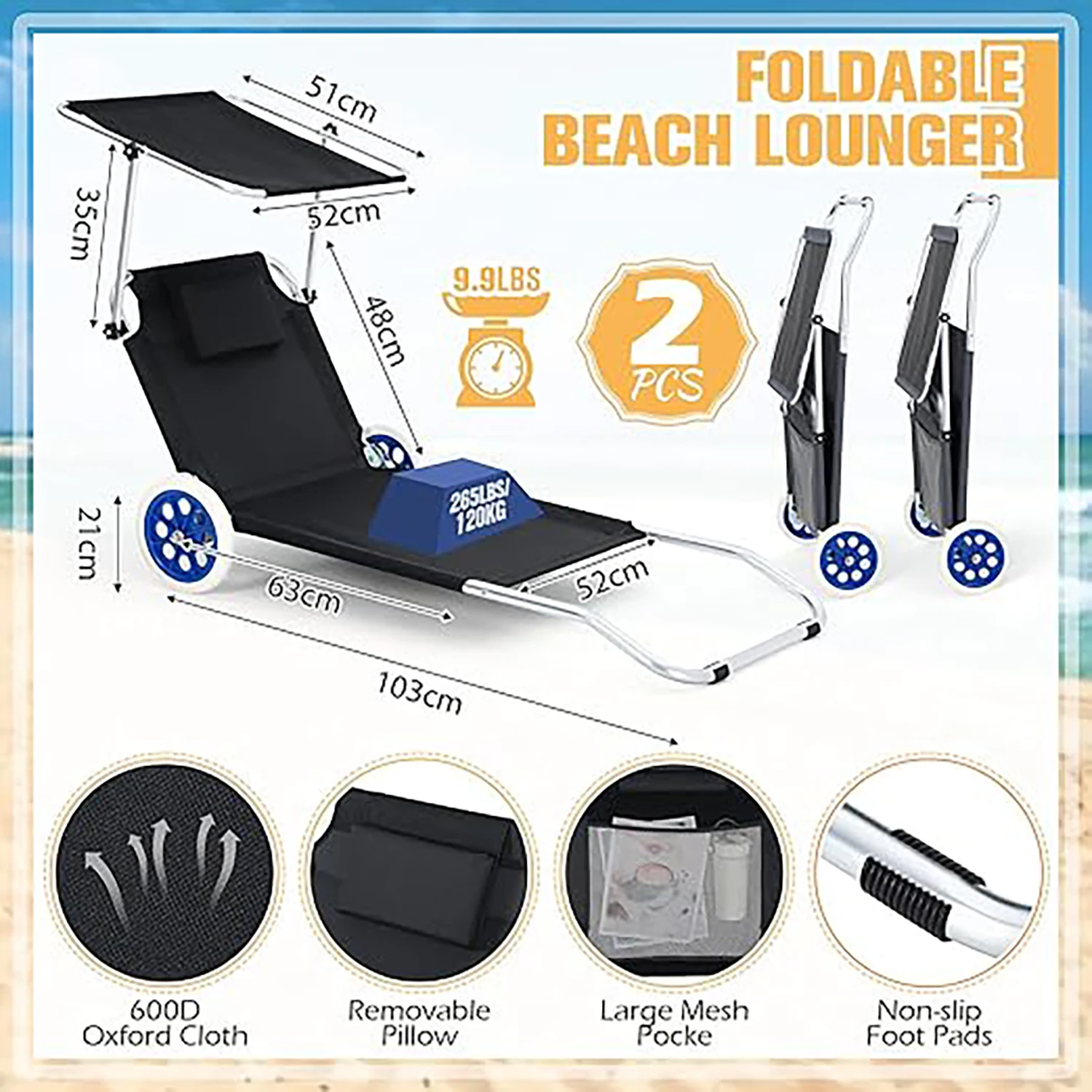 Factory Custom Outdoor Swimming Pool Adjustable Sunbathing Chairs Beach Chaise Lounger Chair With Wheels Canopy Sun Shade Pillow