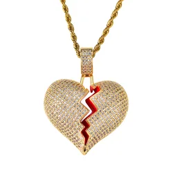 Hip Hop Bling Iced Out Gold Plated Teeth Pendant Necklace Twist Cuban Full Diamond Broken Heart Shape Pendant Necklace