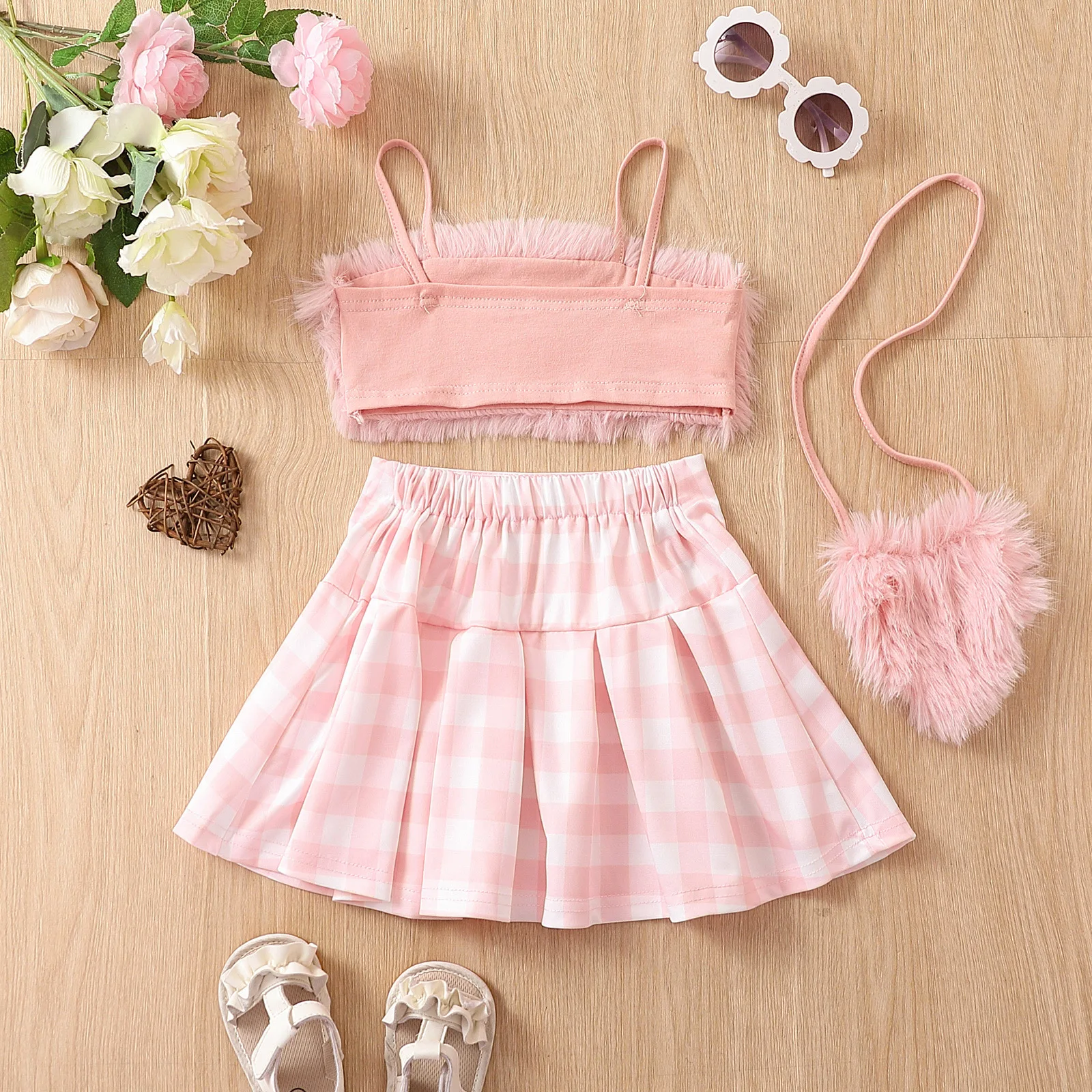 Baby Girls Clothes Furry Straps Top Matching Plaid Skirt Suit 3 pcs Toddler Clothes Sets with Bag
