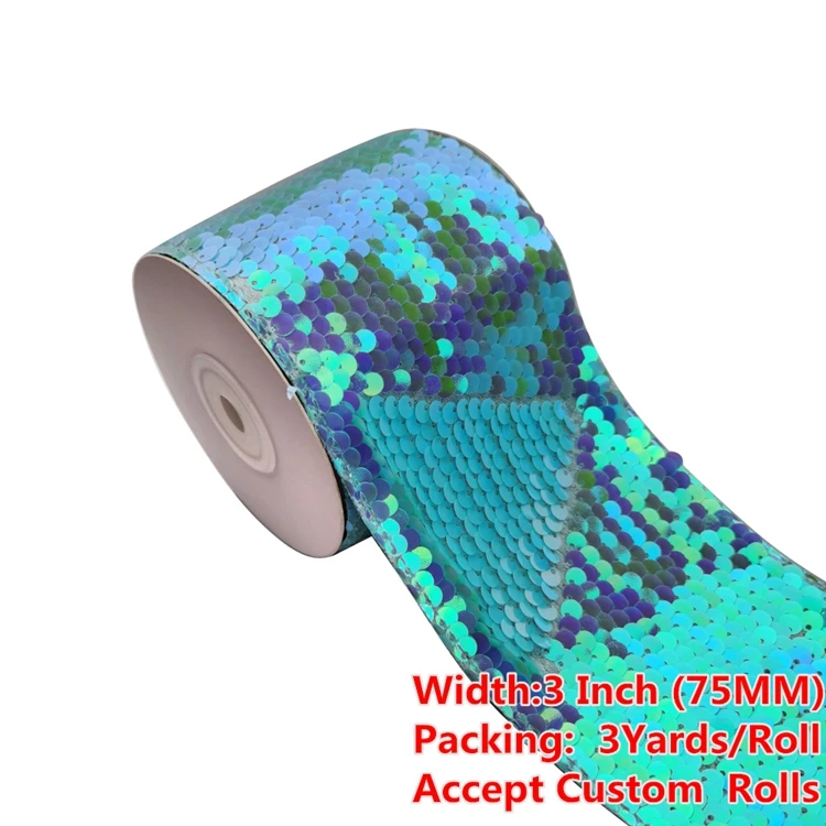 
75mm Hair Accessories Blue Color Sequin Reversible Ribbon For Decoration 