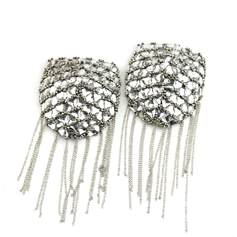 Clear Triangle crystal 3D Handmade beading patches applique pairs with chain fringe for garment shoulder embellishment