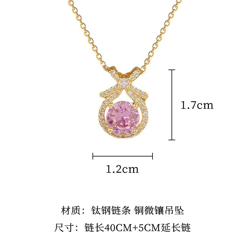 Fashion 18k Gold Plated Stainless Steel CZ Bowknot Pink Round Cut Zircon Pendant Necklace and Earring Jewelry Set for Women