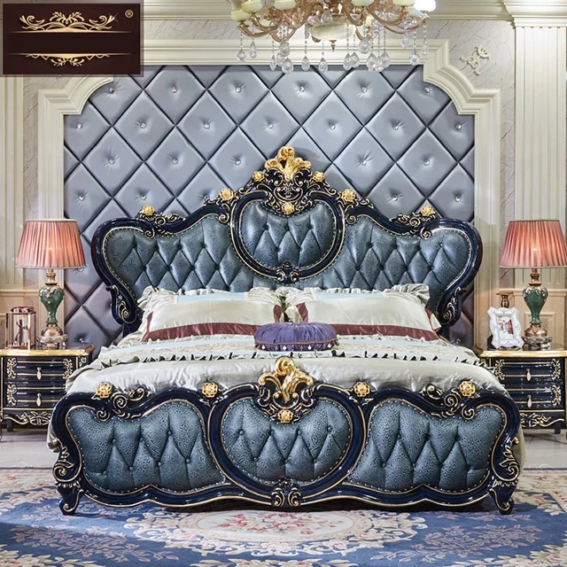 European full solid wood 1.8 master carved Villa leather Bed American double bed 2 m place Princess leather bedroom wedding bed