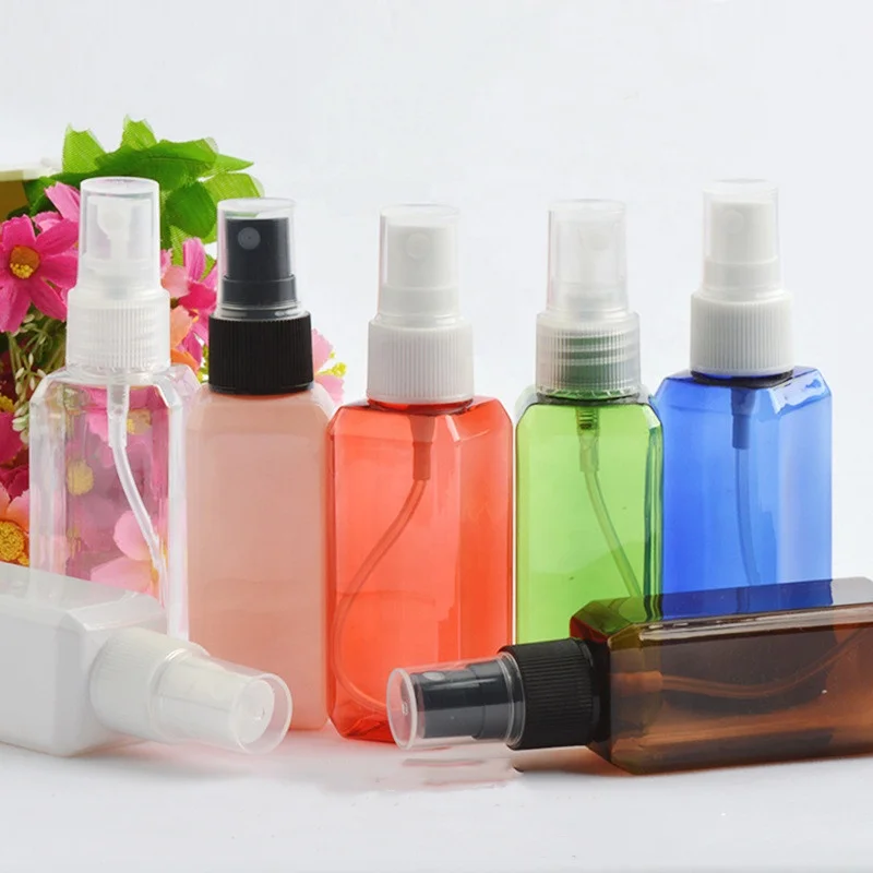 50ml Square small sample empty colorful PET spray pump Plastic Bottle cosmetic Toner Liquid alcohol bottles