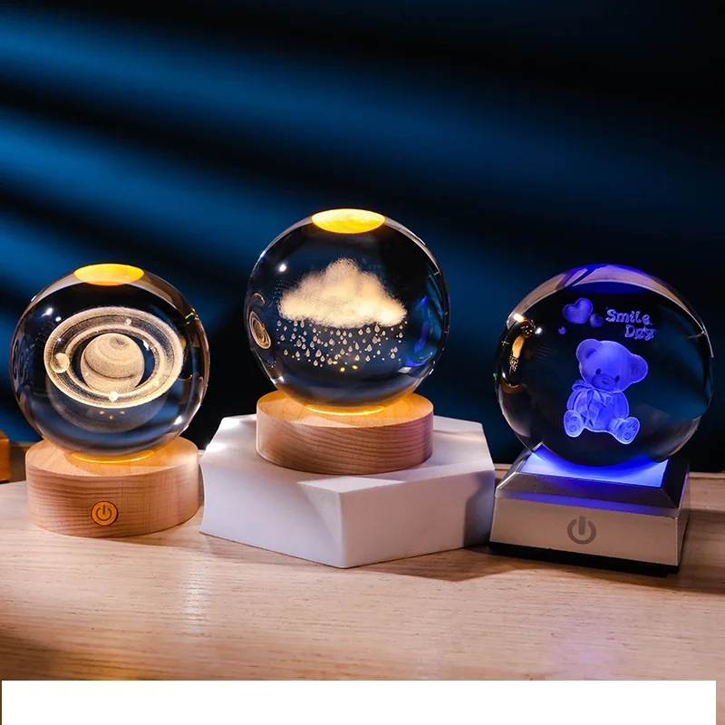 New Luminescent 3D Interior Carved Crystal Ball Night Light with Solid Wood Base Couples Classmates Birthday Gift