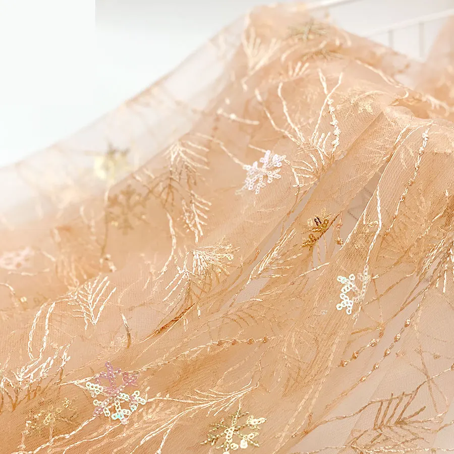 Lady hot pink ivory bridal cheap new crystal embroidered floral snow tree multicoloured sequin fabric