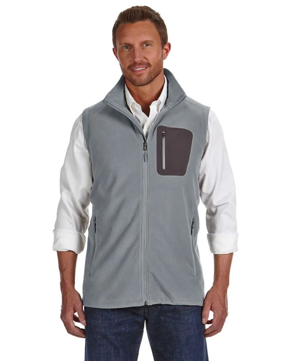 Mens custom plain grey black 100% polyester microfleece with zip front left chest decorative zip pocket side pockets fleece vest