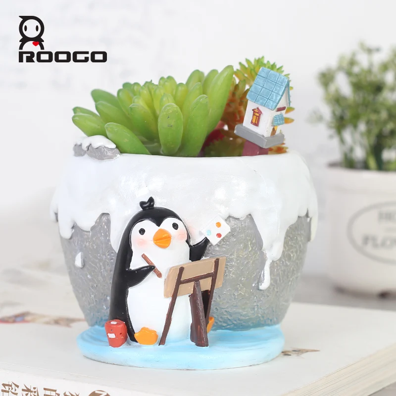 Roogo cute ice penguin flower pots succulent planter garden plant pots decoration