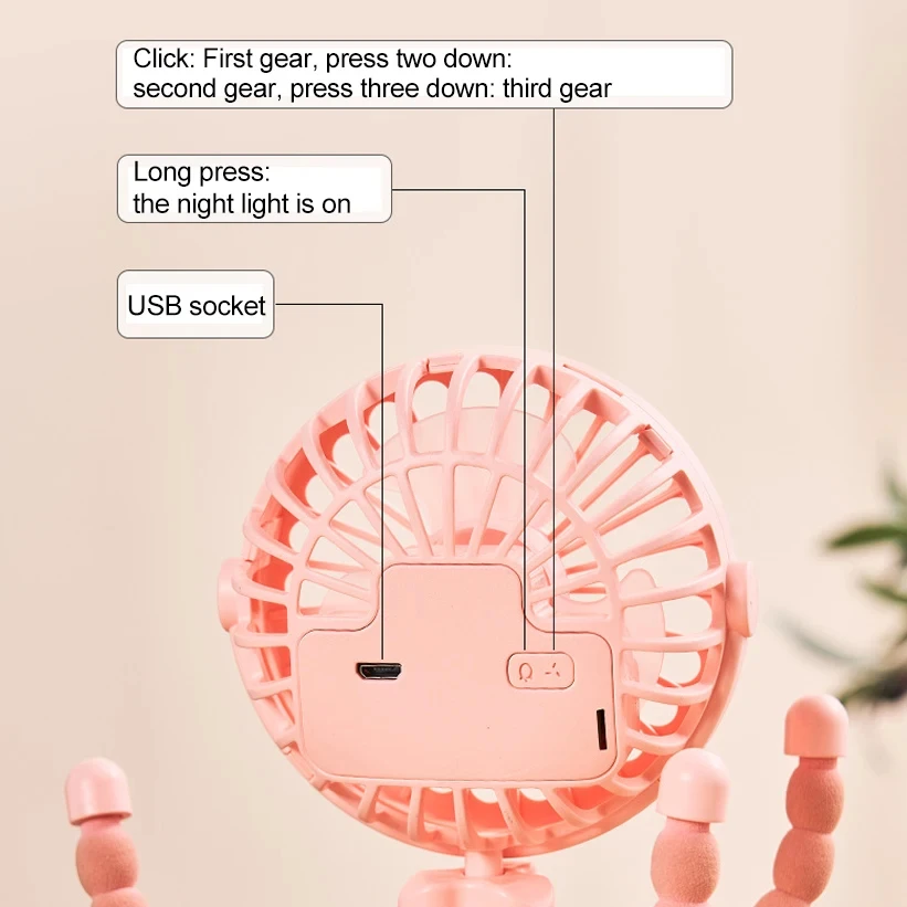 1 PCS Multi-functional Stroller Handheld Mini Fan Portable USB Charging Octopus Stand Variable Styling With LED Lights