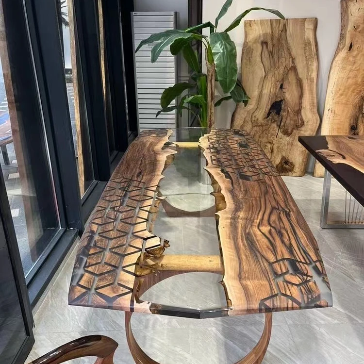 Modern Furniture Factory Direct Solid Walnut Wood Coffee Cafe Kitchen Restaurant River Epoxy Resin Slab Dining Table