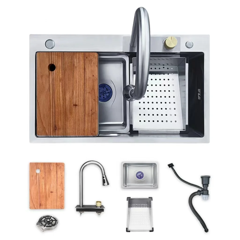 Factory Wholesale High Quality Modern Design Silver Sus304 Kitchen Multifunctional Sink Faucet Set Brushed Single Bowl Sink