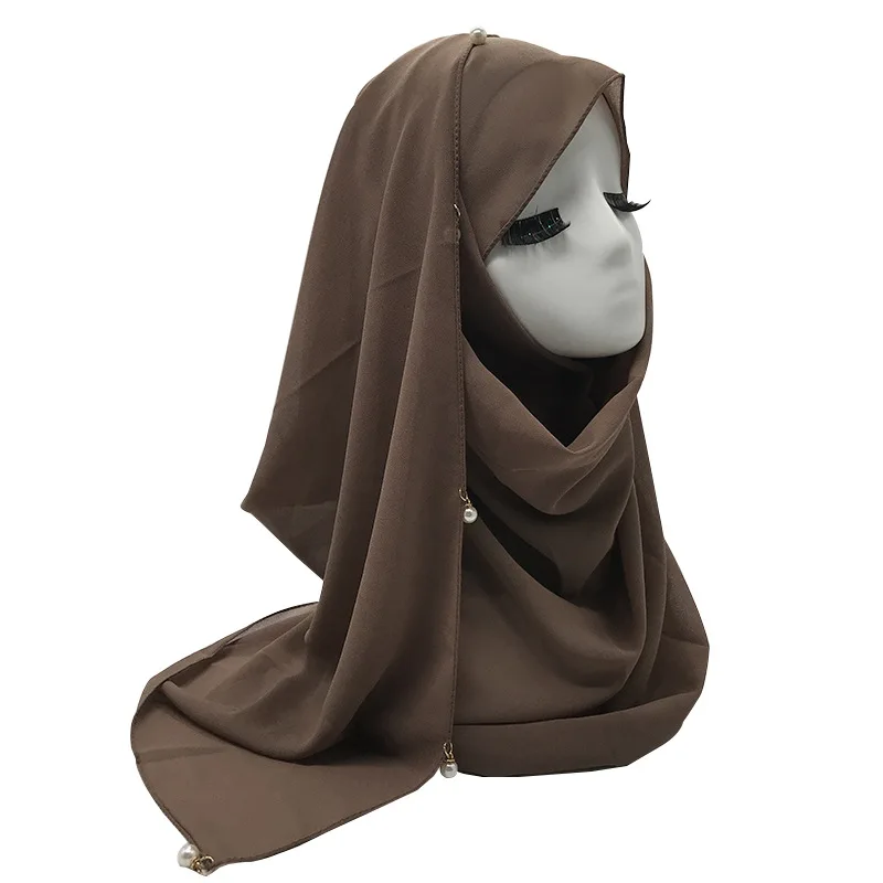 Лидер продаж, однотонный шифоновый женский хлопковый головной платок с жемчугом, хиджаб для женщин, мусульманский