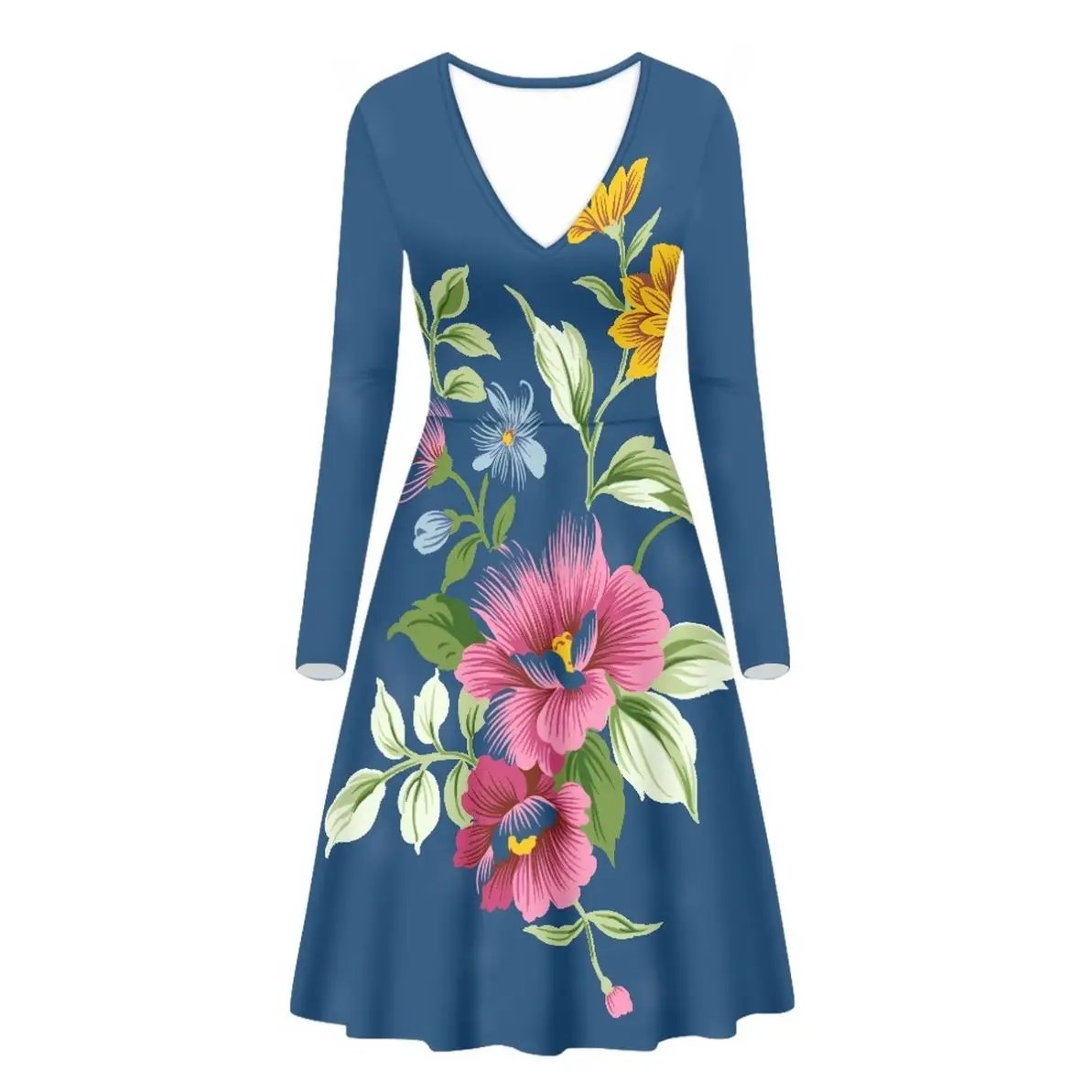 Elegant Casual Long Sleeve V-neck Dress Polynesian Tattoo Totem Hibiscus Print Leave Print Custom Holiday Dresses For Women