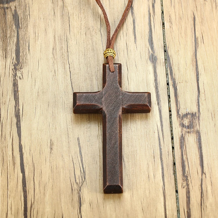 Handmade Vintage Leather Cord Wooden Cross Necklace For Men And Women