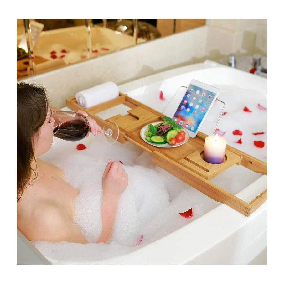 Factory Wholesale Bamboo Bathtub Tray Extendable Bathtub Rack Bamboo Bath Caddy