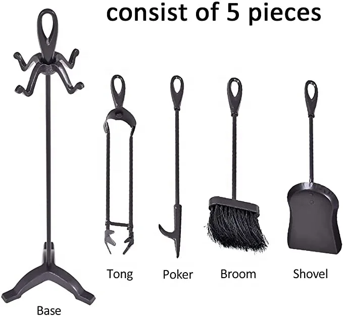 Wood Stove Log Tongs, Holder Tools Kit Sets Stand 27.8 Inches Classic Fireplace tool sets with 5 Pieces