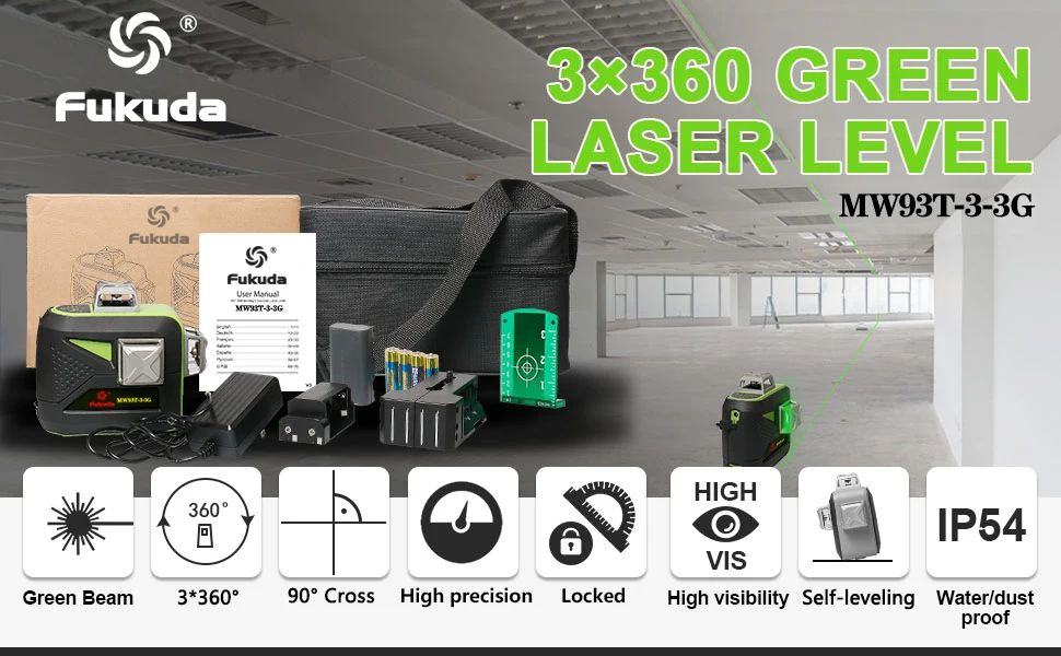 fukuda MW93T-3-3G  3D 12 Lines Self-Leveling 360  Vertical & Horizontal Green Beam Laser Level