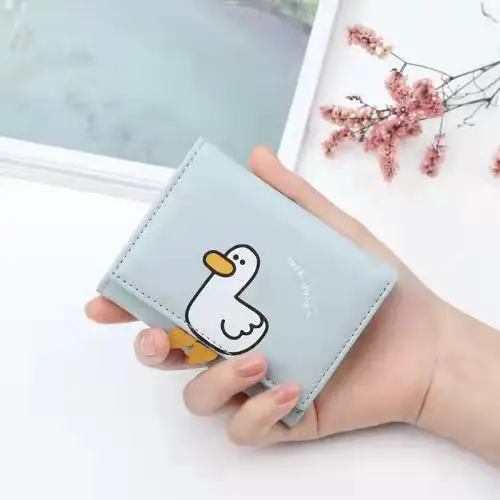 Multi-slot Three Fold Pack Luck Duck Short PU Wallet Lady Kids Cute Duck Printed Coin Purse with Magnet