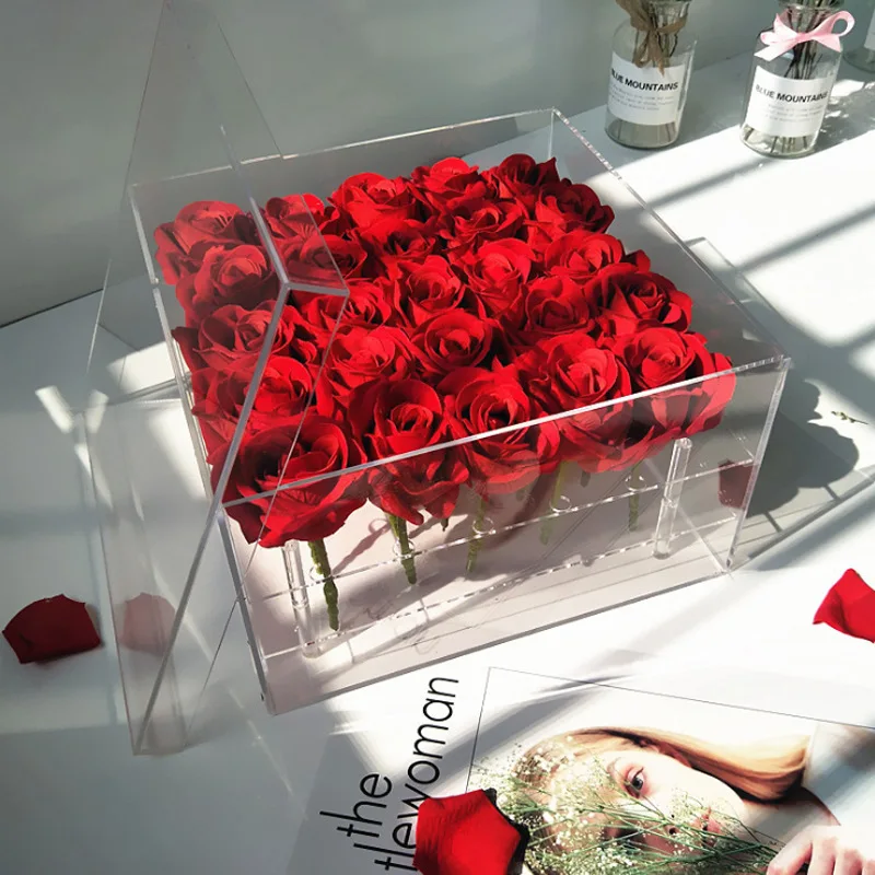 Single 4 9 16 25 36 eternal rose box acrylic preserved forever flower rose clear acrylic stand packaging box one rose glass dome
